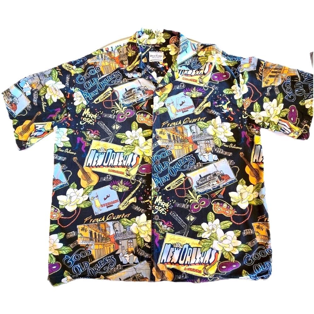 David Carey Originals New Orleans Mardi Gras Shirt Mens XL Black Jazz AOP Retro